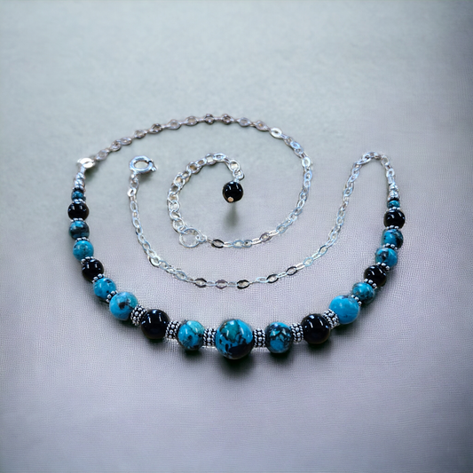 Sterling Silver with Turquoise & Black Agate beaded necklace
