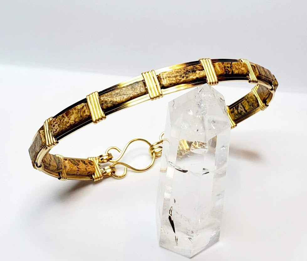 Oval Bangle Bracelet - brass wire wrapped jasper