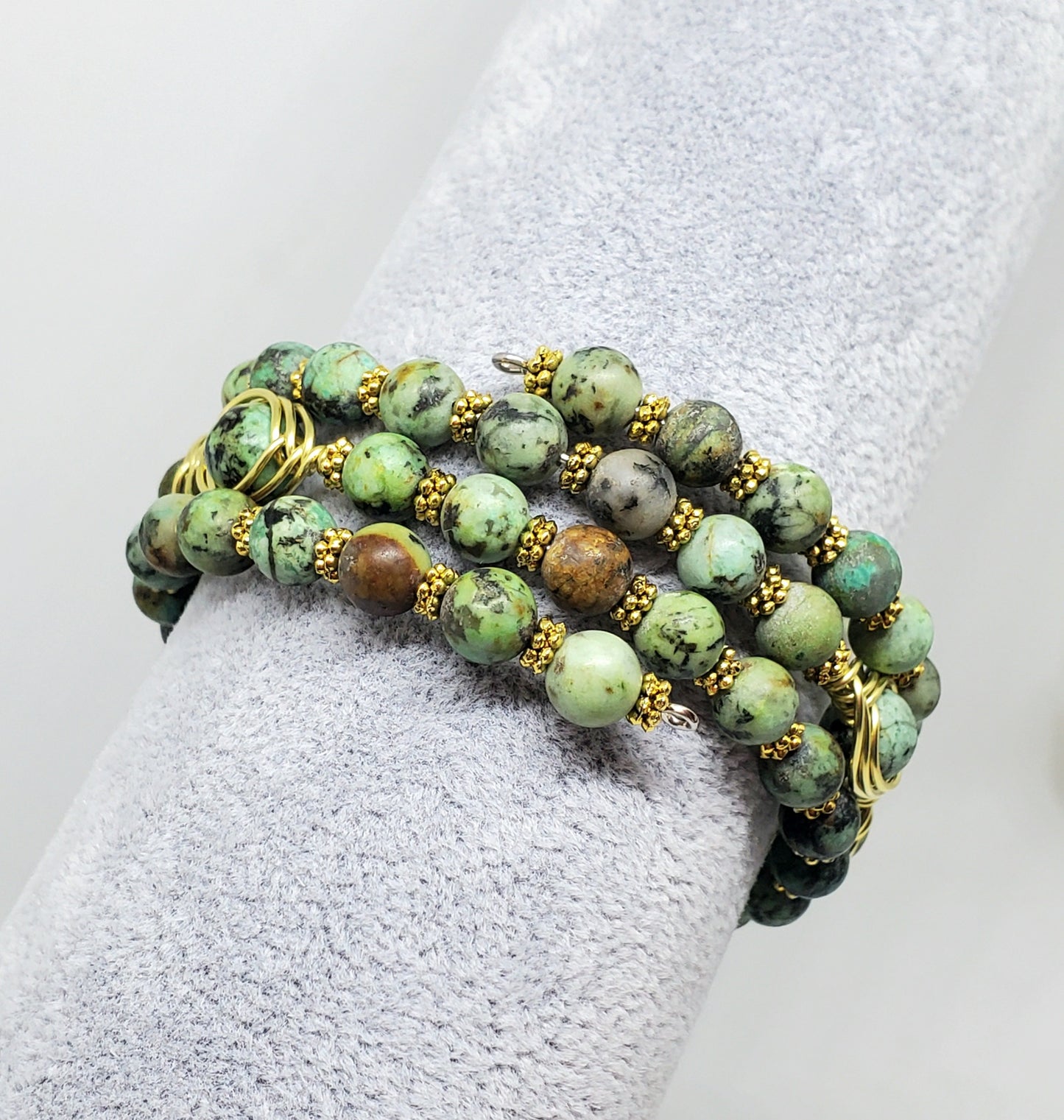 Brass Wire Herringbone wrapping African Turquoise Stone Bracelet