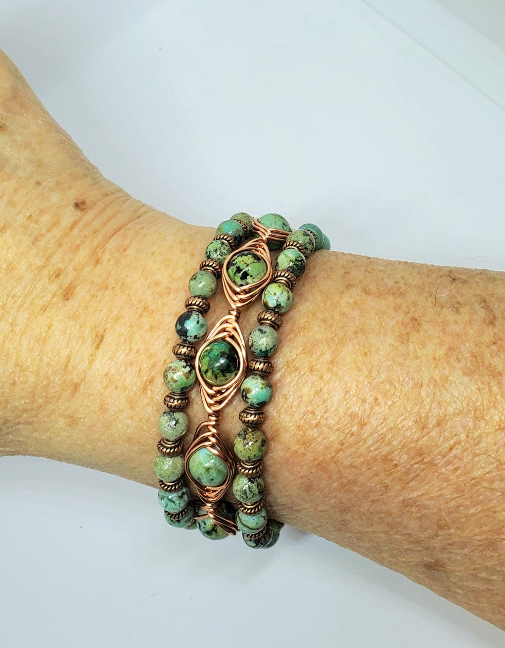 Copper Wire Herringbone wrapped  African Turquoise Stones