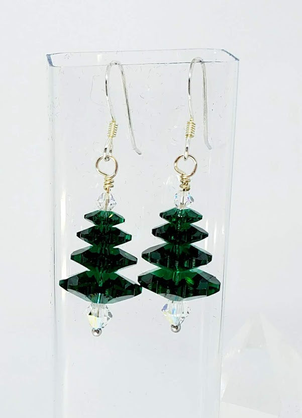4 Tiered Swarovski Emerald Margarita Crystals topped with Crystal AB bicones. Sterling Silver Wire.