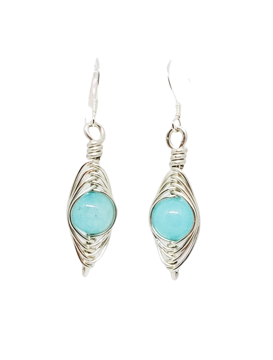 Sterling Silver Herringbone wrapped BLUE Stone Earrings