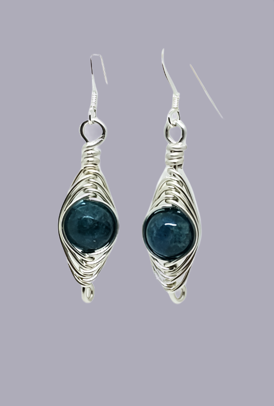 Sterling Silver Herringbone wrapped BLUE Stone Earrings