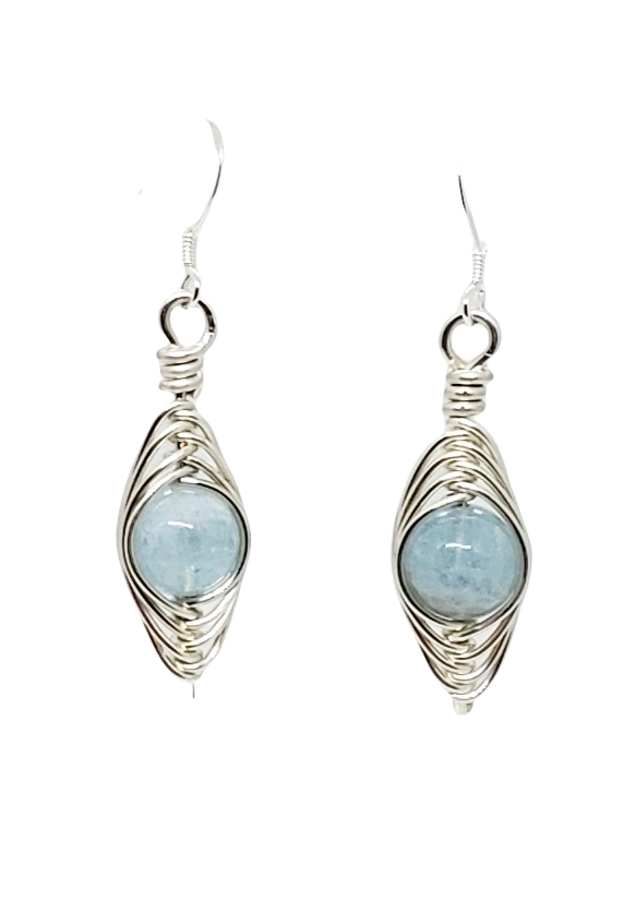 Sterling Silver Herringbone wrapped BLUE Stone Earrings