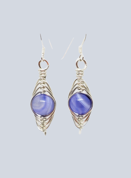 Sterling Silver Herringbone wrapped BLUE Stone Earrings