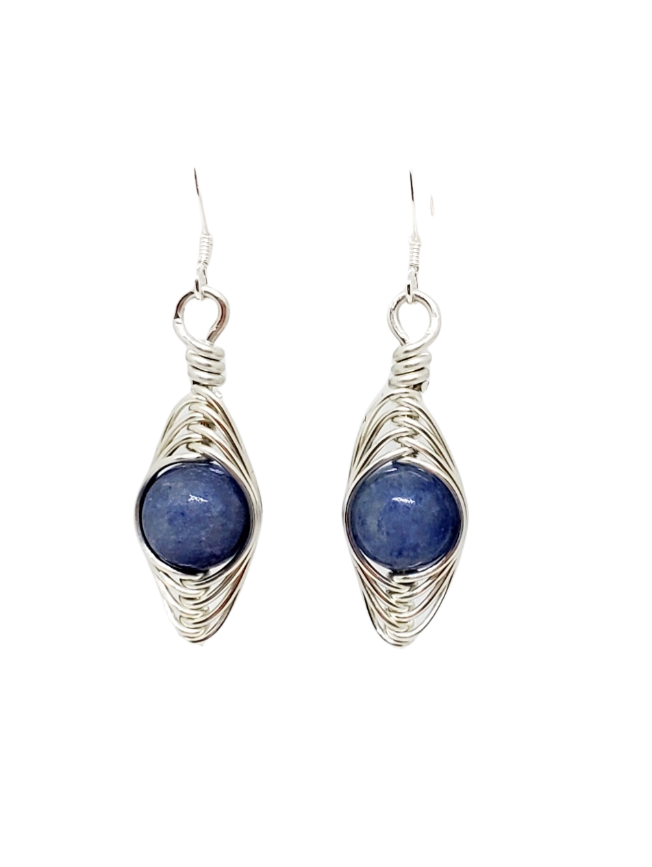 Sterling Silver Herringbone wrapped BLUE Stone Earrings