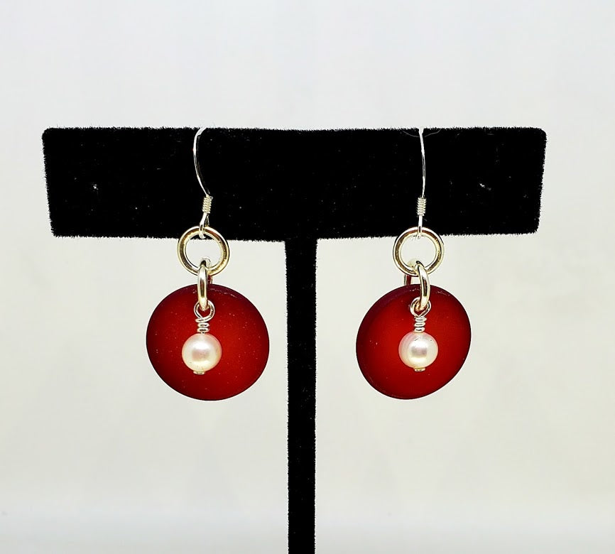 Sterling Silver Sea Glass with Fresh Water Pearl  Earrings