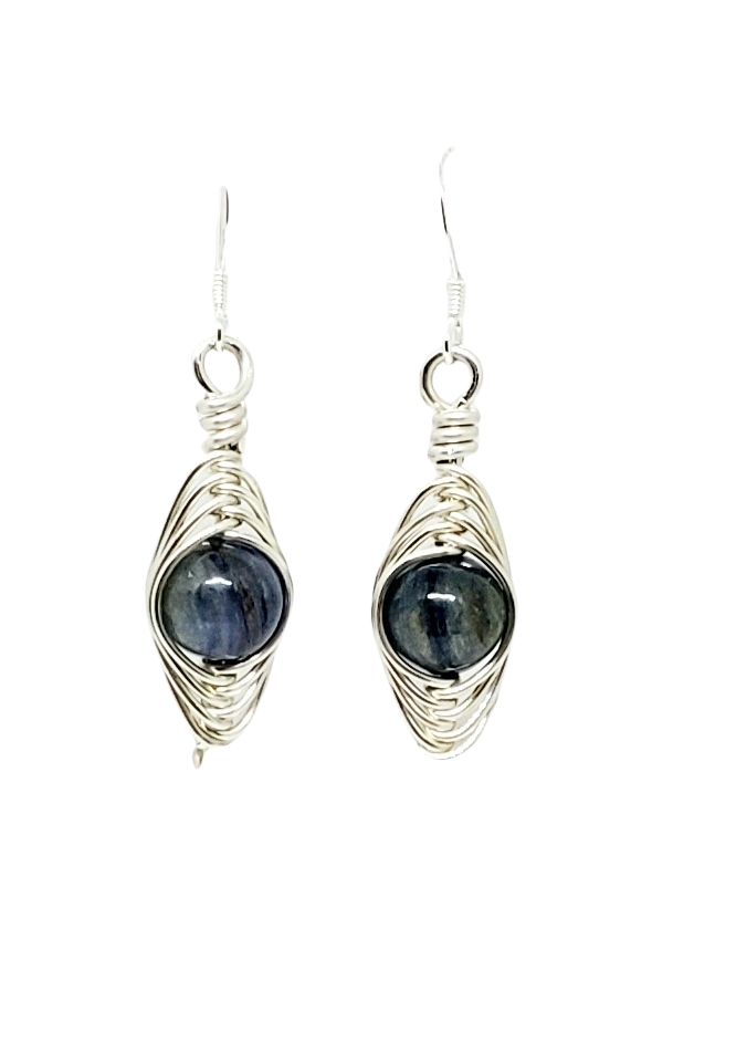 Sterling Silver Herringbone wrapped BLUE Stone Earrings