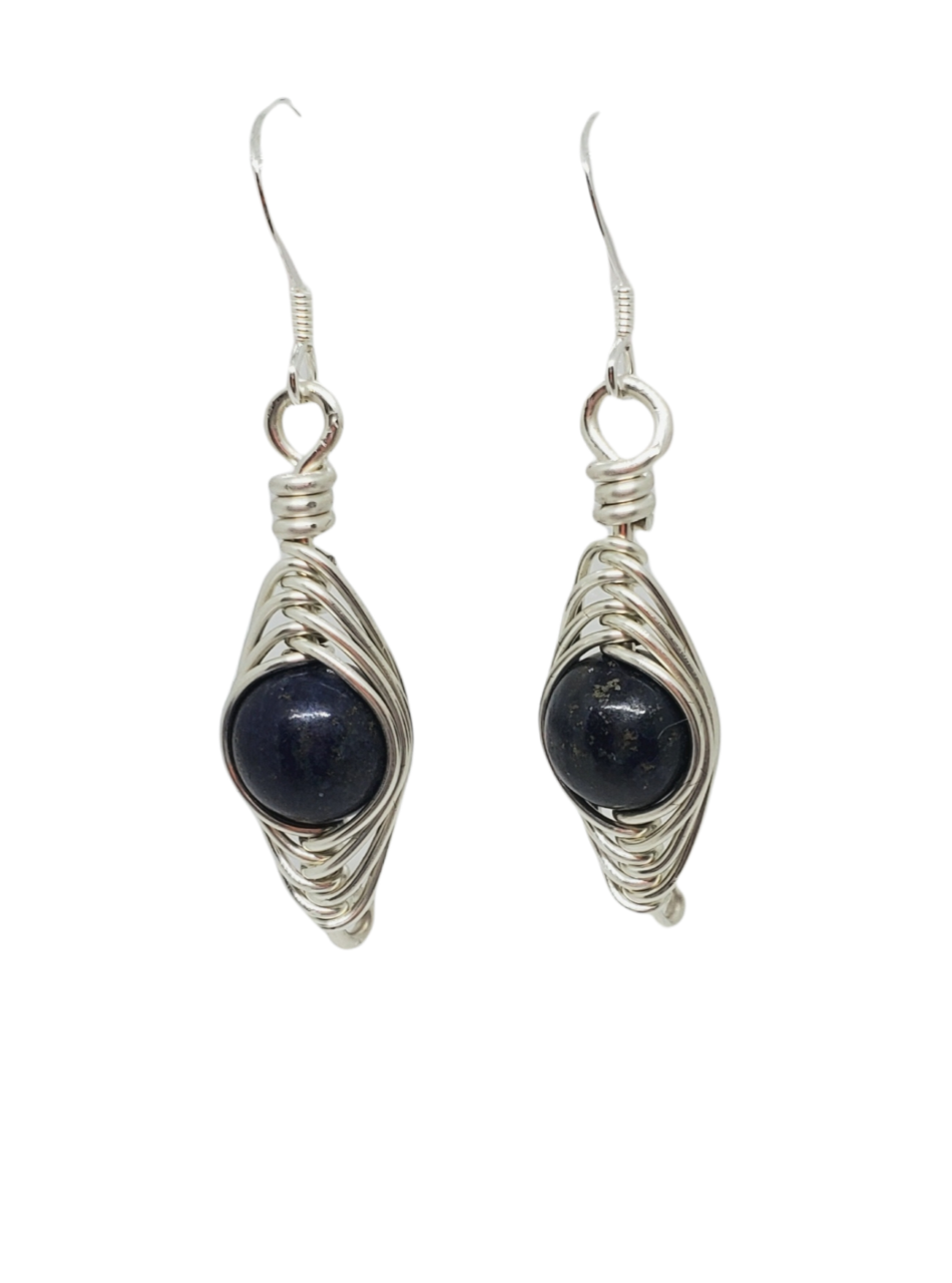 Sterling Silver Herringbone wrapped BLUE Stone Earrings