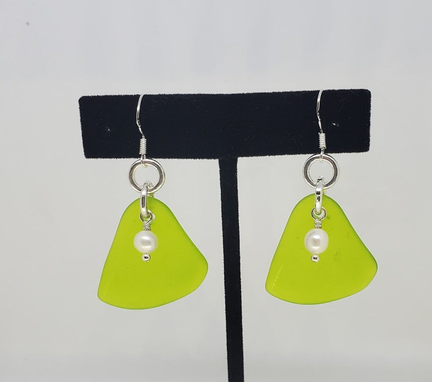Sterling Silver & Sea Glass Triangle Earrings with Cultured Fresh Water Pearl accent