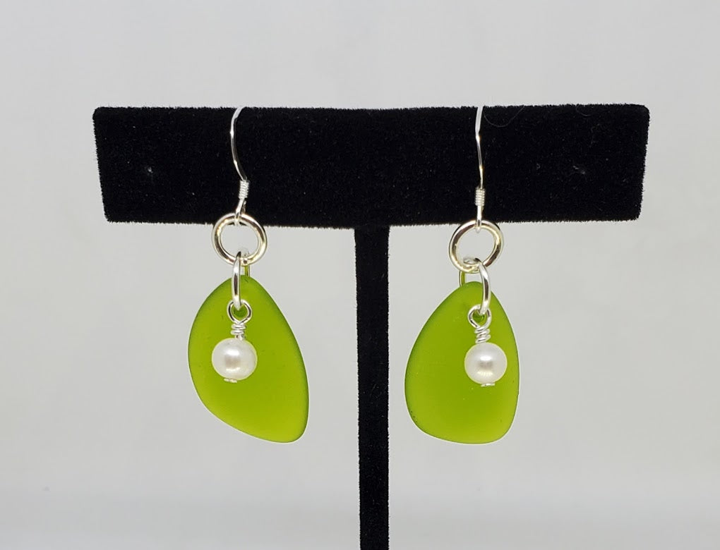 Sterling Silver & Sea Glass Triangle Earrings with Cultured Fresh Water Pearl accent