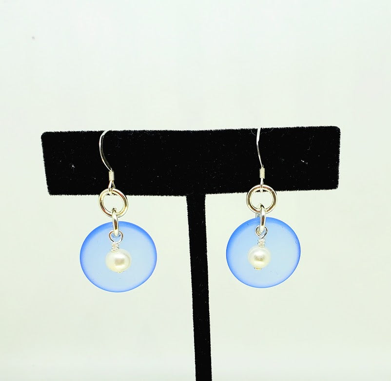 Sterling Silver Sea Glass with Fresh Water Pearl  Earrings