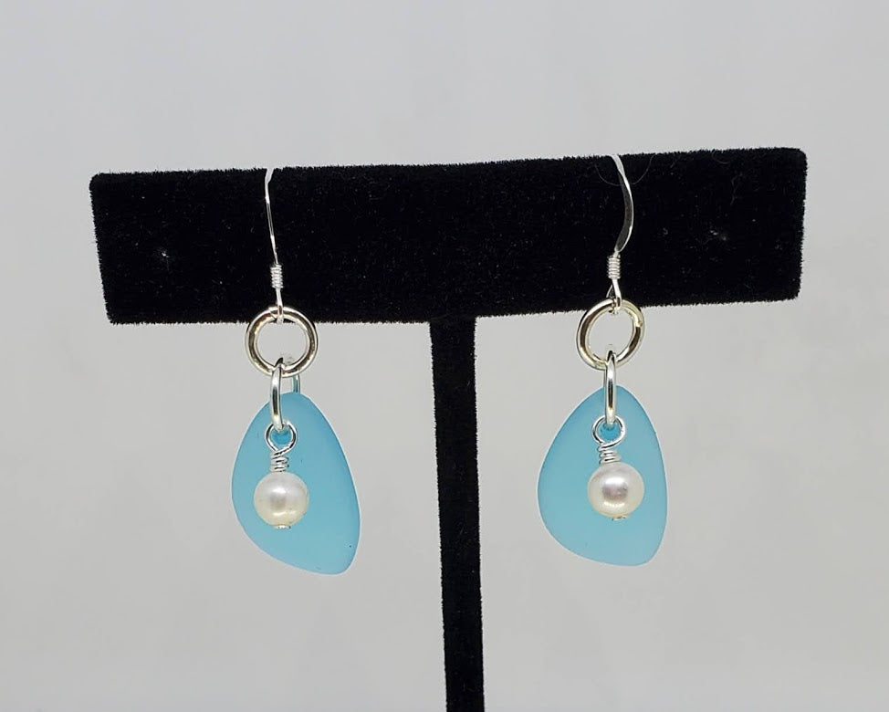 Sterling Silver & Sea Glass Triangle Earrings with Cultured Fresh Water Pearl accent