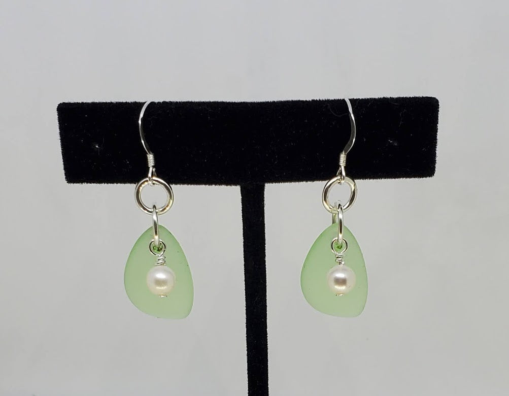 Sterling Silver & Sea Glass Triangle Earrings with Cultured Fresh Water Pearl accent