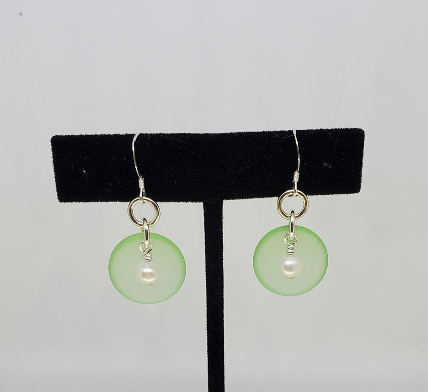 Sterling Silver Sea Glass with Fresh Water Pearl  Earrings