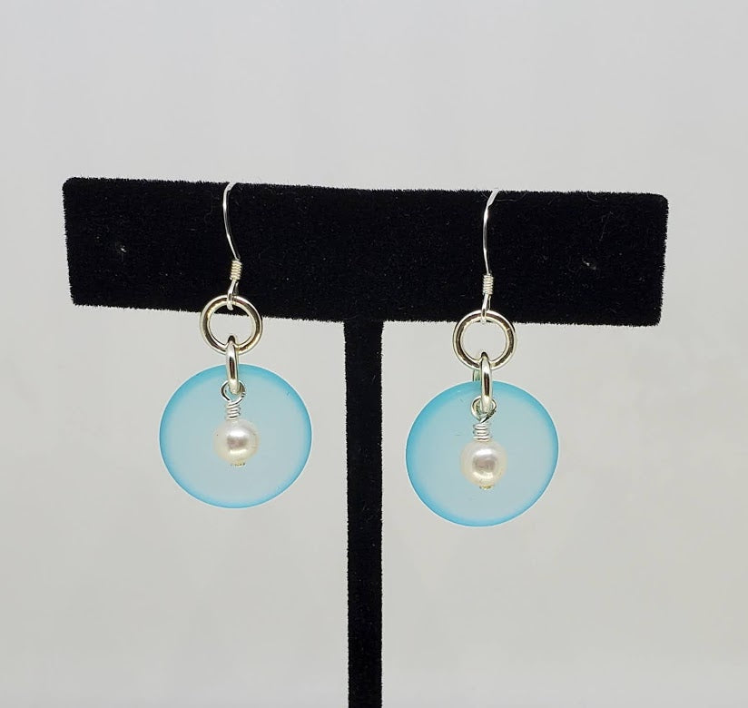 Sterling Silver Sea Glass with Fresh Water Pearl  Earrings