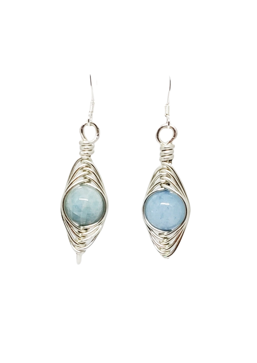 Sterling Silver Herringbone wrapped BLUE Stone Earrings