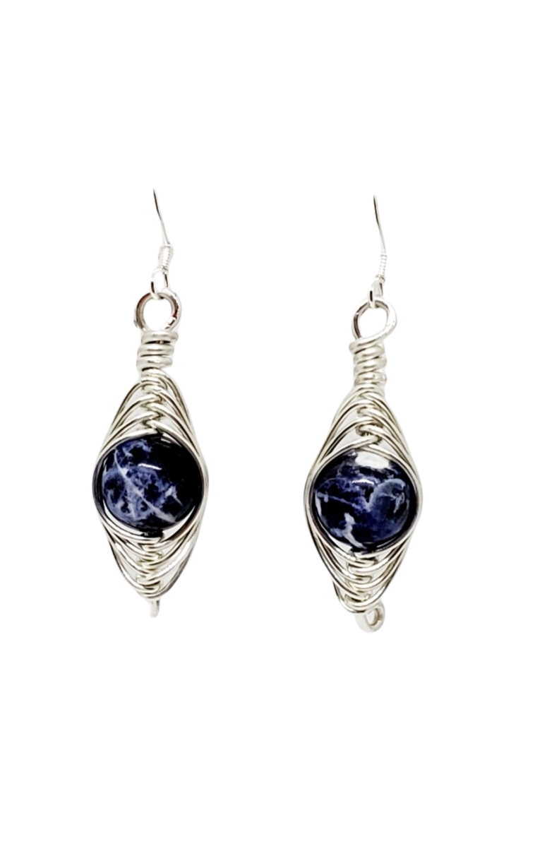 Sterling Silver Herringbone wrapped BLUE Stone Earrings