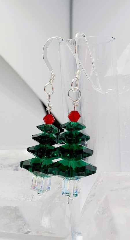 4 Tier Swarovski Emerald Crystal Margaritas topped with red bicone. Made with Sterling Silver wire. 1.5" long.