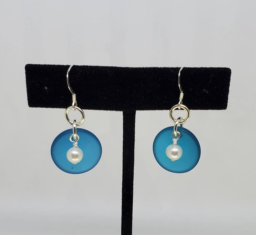 Sterling Silver Sea Glass with Fresh Water Pearl  Earrings