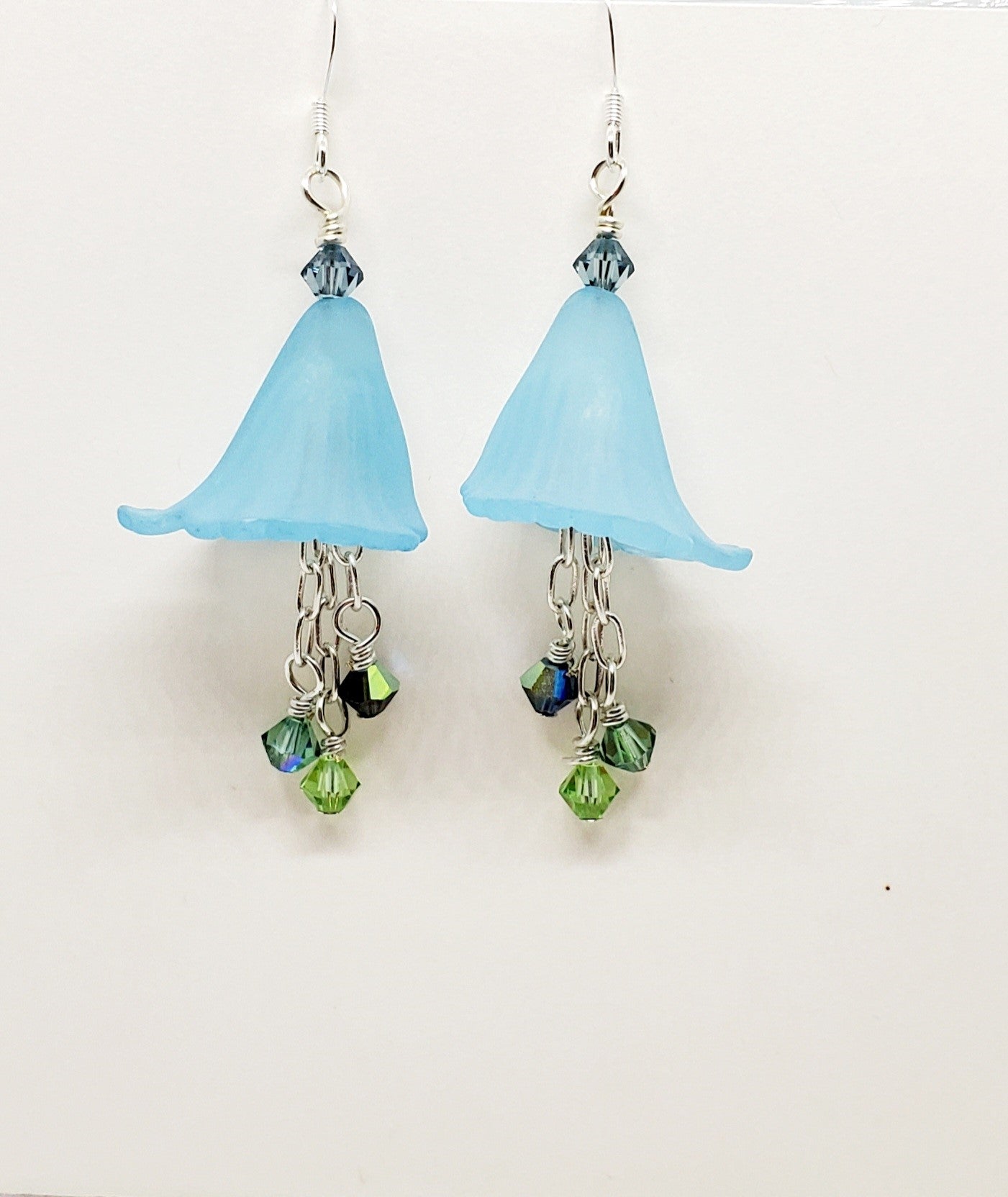 Blue Flower Dangle Earrings with Crystals and Sterling Silver Ear Wires