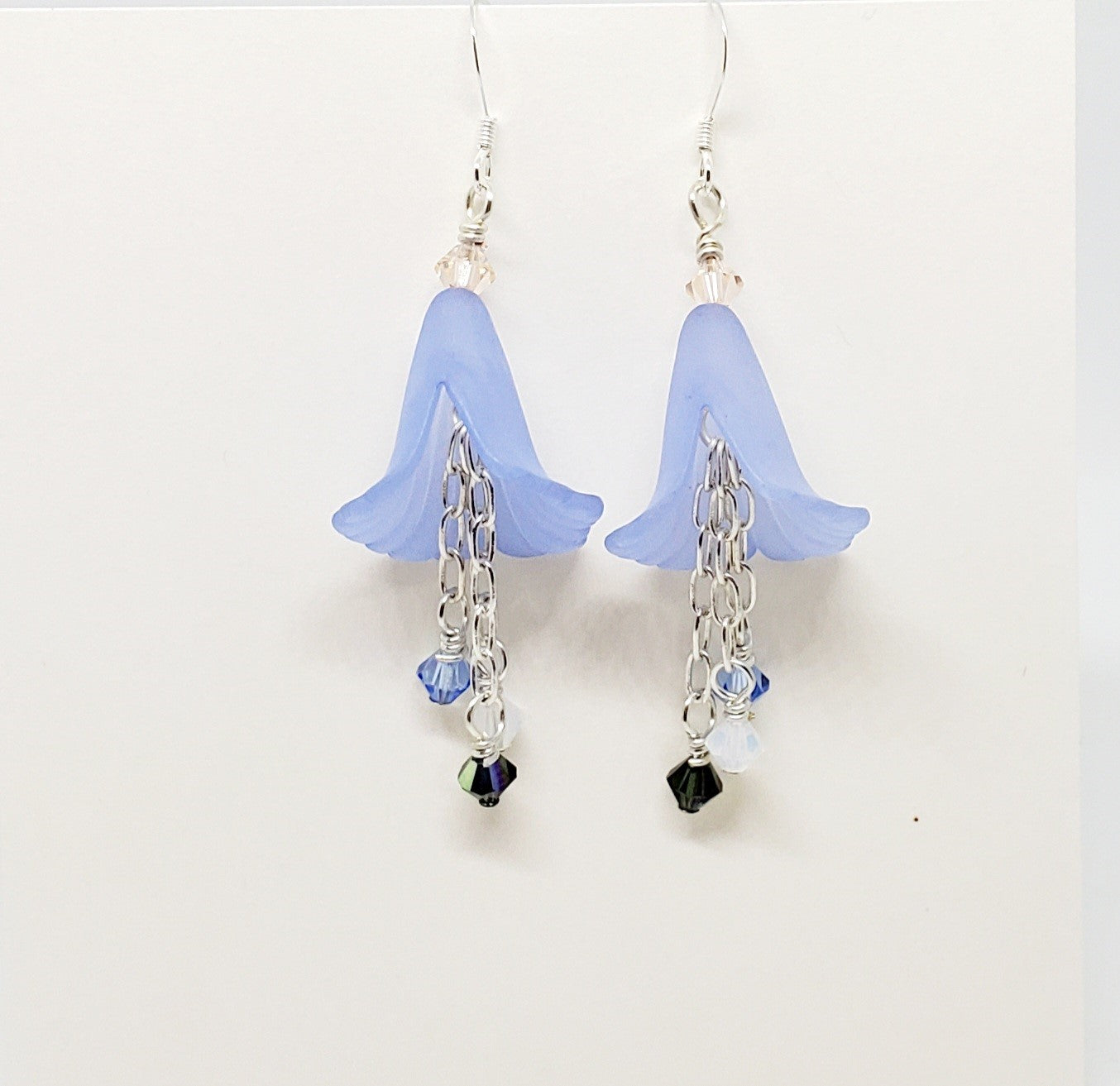 Periwinkle Flower Dangle Earrings with Crystals and Sterling Silver Ear Wires
