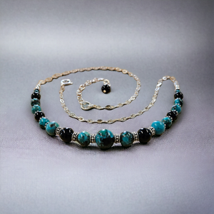 Sterling Silver with Turquoise & Black Agate beaded necklace