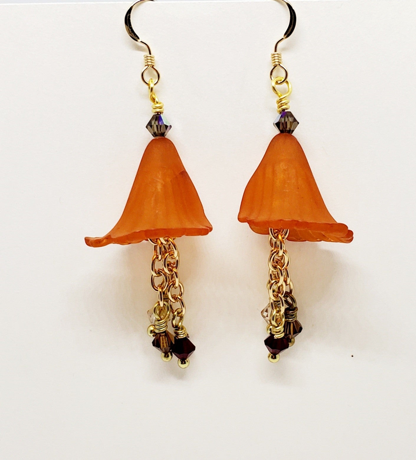 Pumpkin Flower Earrings, Vintage Lucite, Crystal dangles, 14ktGF ear wires