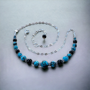 Sterling Silver with Turquoise & Black Agate beaded necklace