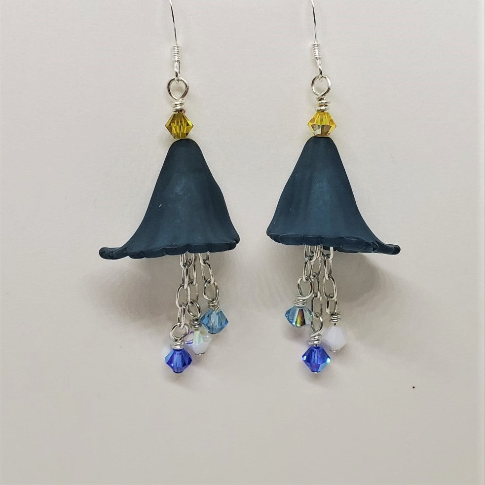 Teal Flower Dangle Earrings with Crystals and Sterling Silver Ear Wires