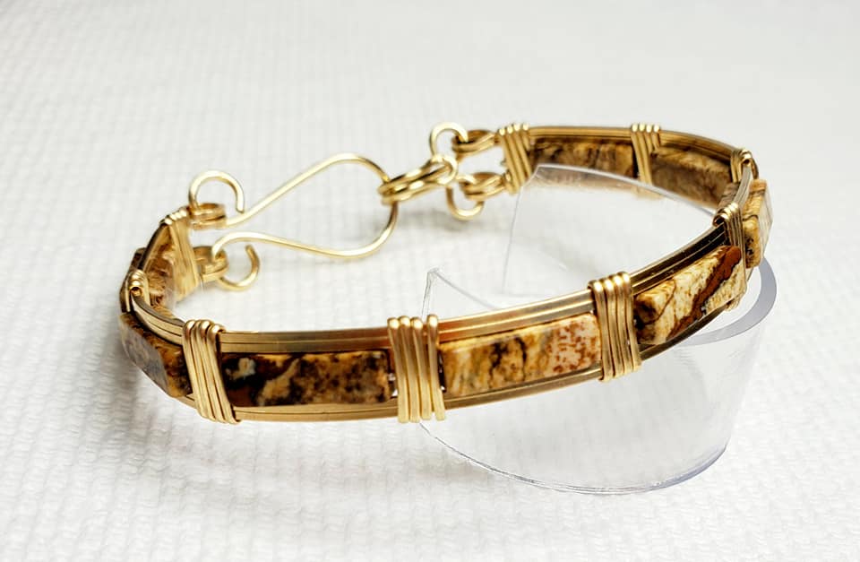 Oval Bangle Bracelet - brass wire wrapped jasper