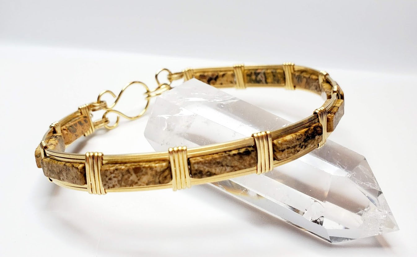 Oval Bangle Bracelet - brass wire wrapped jasper