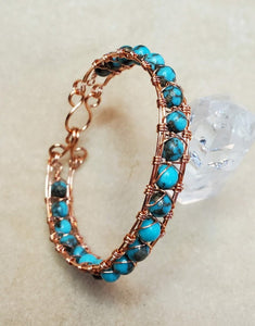 Beaded Bangle -Wire wrapped Teal Serpentine & Pyrite beads in Copper