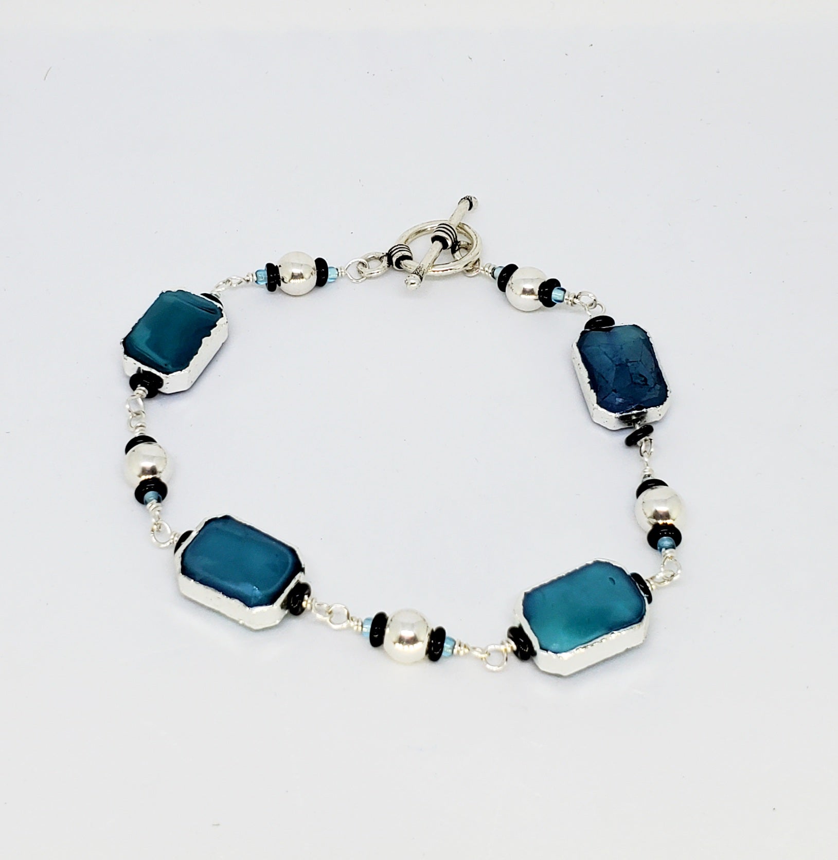 Blue Jade Sterling Silver wire linked Bracelet