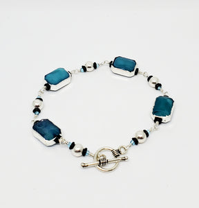 Blue Jade Sterling Silver wire linked Bracelet