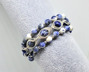 Sterling Silver Wire wrapped Sodalite Stone Cuff Bracelet