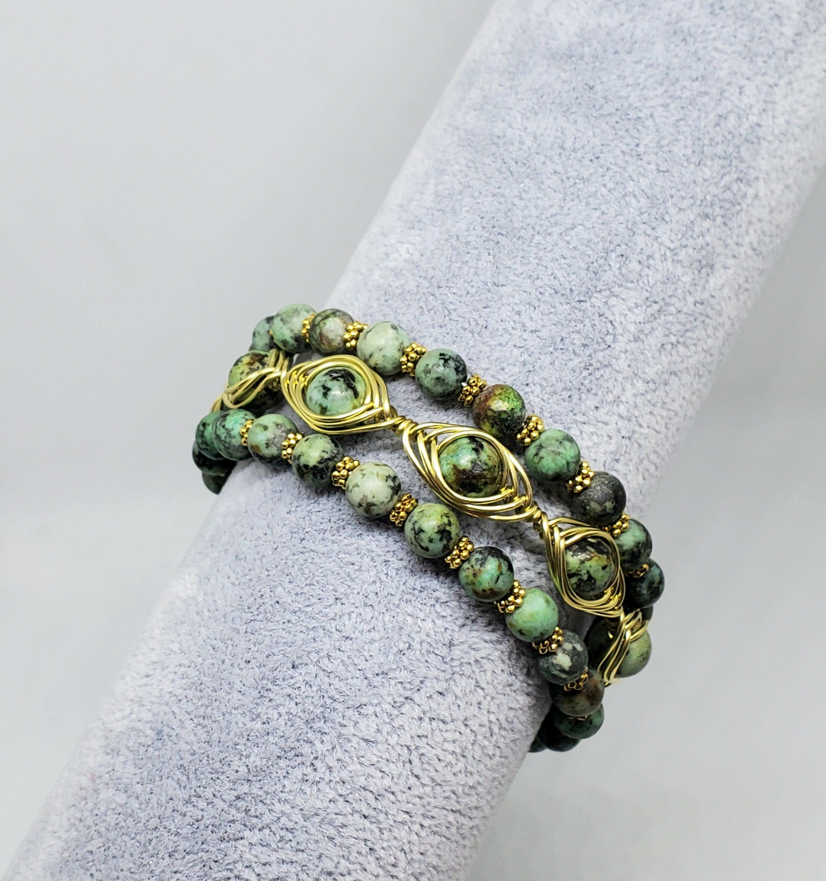 Brass Wire Herringbone wrapping African Turquoise Stone Bracelet
