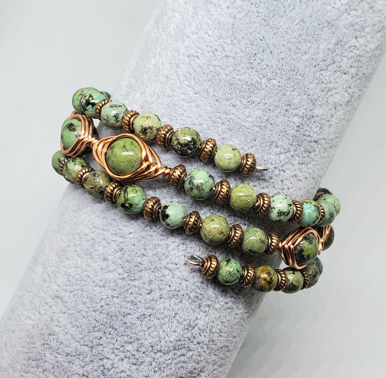 Copper Wire Herringbone wrapped African Turquoise Bangle Bracelet