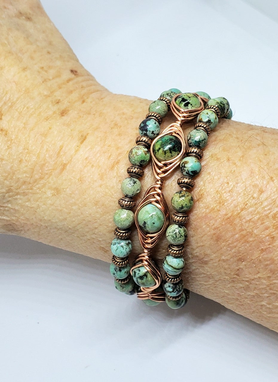 Copper Wire Herringbone wrapped African Turquoise Bangle Bracelet