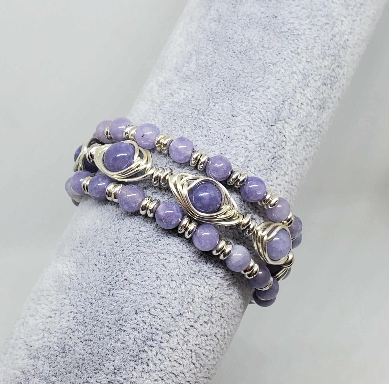 Silver Wire Herringbone wrapped Tanzanite dyed Quartz