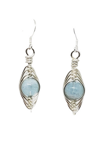 Sterling Silver Herringbone wrapped BLUE Stone Earrings
