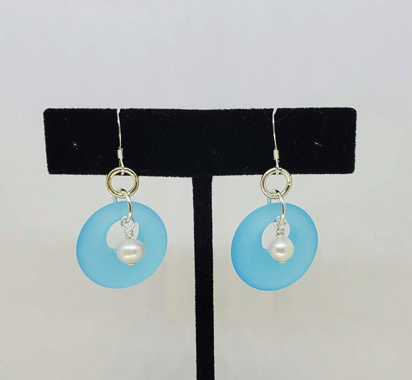 Sea Glass Loop Earrings with Accent Cultured Fresh Water Pearl and Sterling Silver Wire