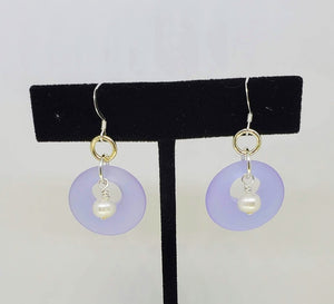 Sea Glass Loop Earrings with Accent Cultured Fresh Water Pearl and Sterling Silver Wire
