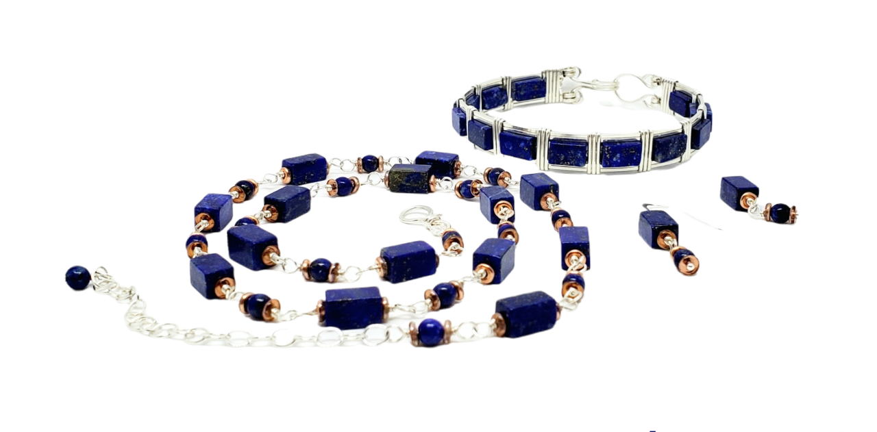 Lapis chain necklace, 6x9mm rectangle Lapiz gemstone with Sterling Silver wire