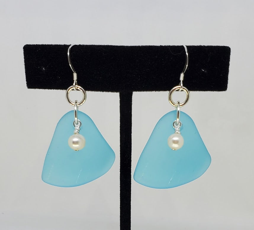 Sterling Silver & Sea Glass Triangle Earrings with Cultured Fresh Water Pearl accent