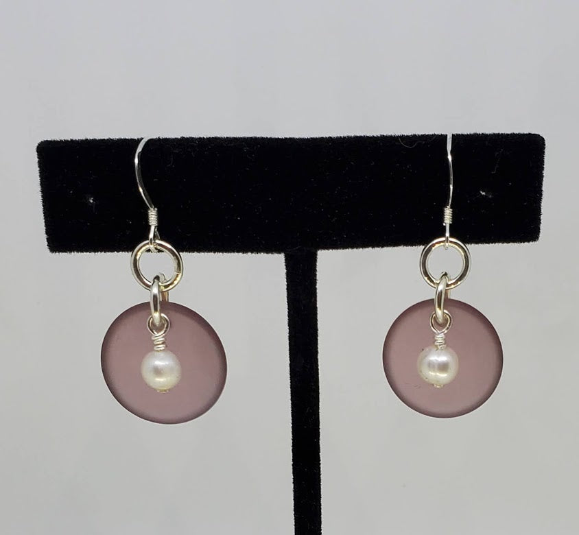 Sterling Silver Sea Glass with Fresh Water Pearl  Earrings