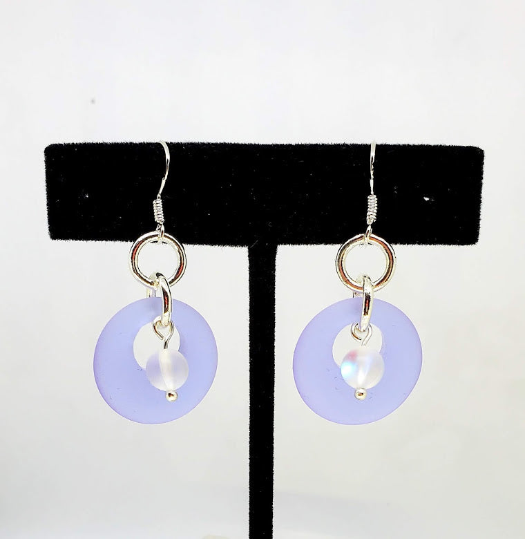 Sea Glass with Matte Glass Moon Stone (Mermaid Bead)  Earrings
