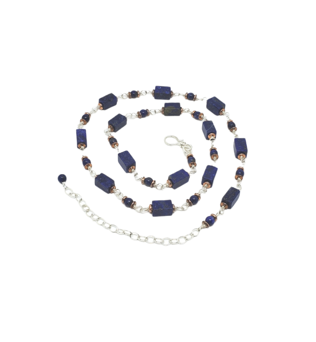 Lapis chain necklace, 6x9mm rectangle Lapiz gemstone with Sterling Silver wire