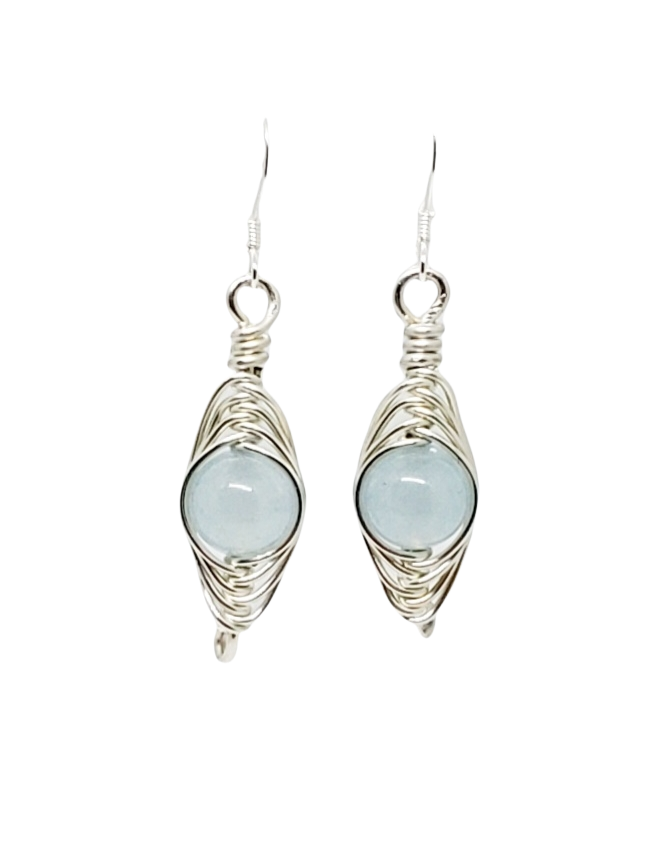 Sterling Silver Herringbone wrapped BLUE Stone Earrings