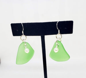 Sterling Silver & Sea Glass Triangle Earrings with Cultured Fresh Water Pearl accent